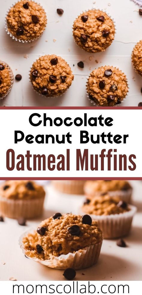 These delicious oatmeal muffins have chocolate and peanut butter in them, so they're the perfect midday snack for moms (and kids!), and they're also great for breakfast too! #muffins #recipes #snacksforkids Peanut Butter Oatmeal Muffins, Peanut Butter Chocolate Chip Muffins, Chocolate Peanut Butter Muffins, Chocolate Peanut Butter Oatmeal, Oatmeal Muffins Healthy, Oatmeal Chocolate Chip Muffins, Peanut Butter Muffins, Baked Oatmeal Cups, Chocolate Oats