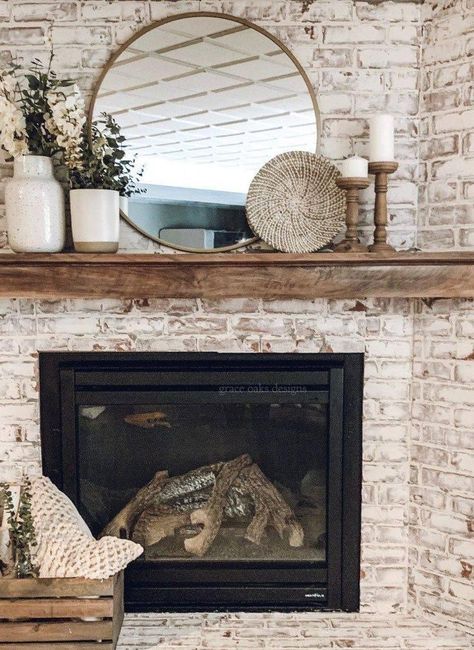 Schmear Brick Fireplace, German Schmear Brick Fireplace, German Schmear Brick, German Schmear, Painted Brick Fireplaces, European Living, Fireplace Update, Fireplace Mantles, Mantle Ideas