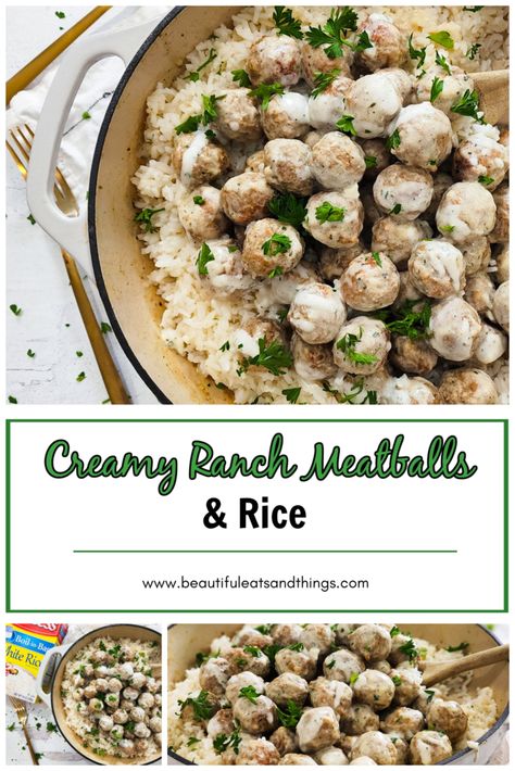 Rice With Meatballs Dinners, Frozen Meatballs And Rice, Meatballs With Cream Of Mushroom Soup And Ranch, Meatballs On Rice, Frozen Meatball And Rice Recipes, Meatball Over Rice, Meatballs Rice Recipe, Meatball And Rice Recipes, Pork Sausage Meatballs