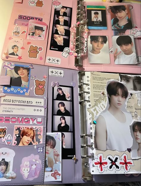 Kpop Binder Decoration, K Pop Binder Ideas, K Pop Scrapbook, Kpop Binder Ideas, Binder Aesthetic Ideas, Photocard Binder Aesthetic, Decorate Binder, Binder Decoration Ideas, Macaron Binder