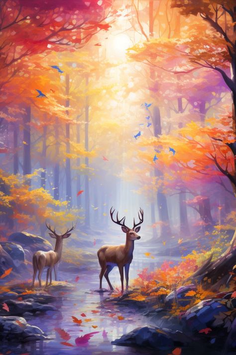 Fairy Landscape Painting, Ethereal Animals, Ideas Background, Ethereal Forest, Fairy Journal, Landscape Study, Painting Forest, Animals Drawing, Deer Painting