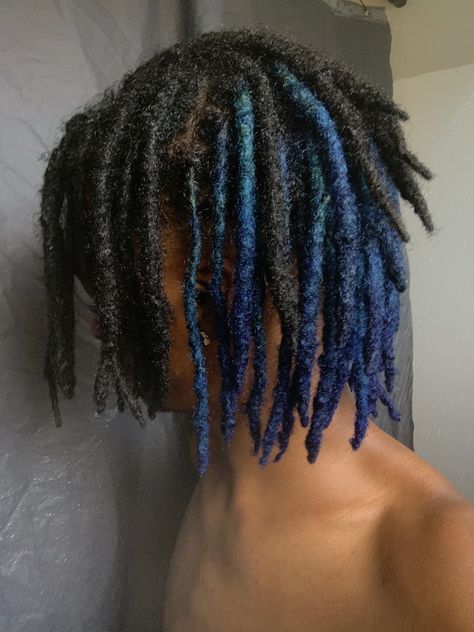 Blue Dreads Men, Light Blue Dreads Men, Dark Blue Locs, Black And Blue Dreads, Blue Dreadlocks, Teal Dreads, Blue Dreads, Mens Dreads, Purple Dye