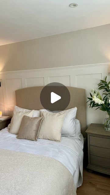 B&Q on Instagram: "ad UNDER £200 GUEST BEDROOM TRANSFORMATION with @bandq_uk 3 days, 473782 beige tester pots and so many amazing bargain finds and it’s finished and I’m so proud of this bedroom transformation 🥰 Here is everything I used for this project: Paint panelling - £16 good home in shade Alberta Paint walls - £16 good home in shade valdez Cheshire mouldings Panelling kit - £18.95 (my wall is 3m and I needed x2) Dado rail - £10.77 Beige cushions - £6 Faux flowers - £4 each Olive tree - £22 Almir Wall lights - £24 I’ll link everything in my stories, and I’ll be sharing a how to guide this week for my panelling, so you too can #BandQIt with the help of B&Q’s amazing how to guides! So proud of how this turned out 🥰 just shows you don’t need to spend £1000s to achieve something r Guest Bedroom Paneling, Behind Bed Panelling Ideas, Faux Panelling Wall Bedroom, Dulux Gentle Fawn Bedroom, B&q Panelling, Cosy Bedroom Colours, Bedroom Panelling Colour Ideas, Panelling In Bedroom, Dado Rail Bedroom