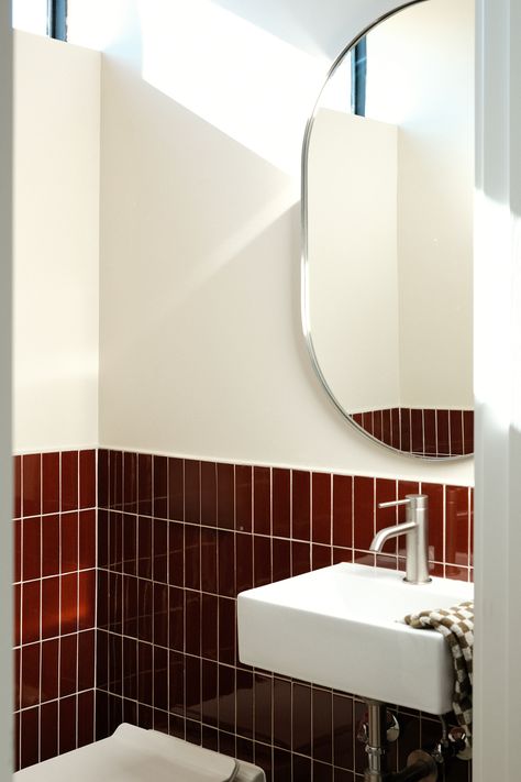 Solid Color Tile 578 Frog by artisans in Mexico is perfect for a kitchen backsplash, bathroom wall , bathroom wall, shower and fireplace. Terracotta Half Wall, Half Tiled Bathroom Ideas, Tiny Half Bathroom Ideas, Red Tile Bathroom, Tiles Combination, Tiles Aesthetic, Tiles Bathroom Floor, Floor Tiles Bathroom, Bathroom Japandi