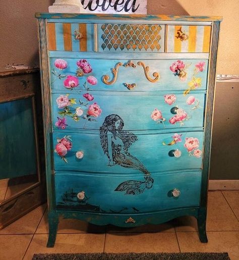 Relovfurniturebyrose - Etsy Mermaid Dresser Furniture, Fun Painted Dresser, Lilly Stencil, Kids Dresser Ideas, Furniture With Transfers, Mermaid Dresser, Mermaid Furniture, Dresser Inspo, Decoupage Dresser