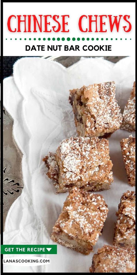 Dating from 1917, Chinese Chews, with their crispy tops and chewy centers, are a very old traditional bar cookie featuring nuts and dates. https://www.lanascooking.com/chinese-chews/ Chinese Chews Recipe, Chinese Chews, Date Nut Bars, Traditional Bar, Date Cookies, Nut Bar, Dessert Bar Recipe, Bar Recipe, Bar Cookies