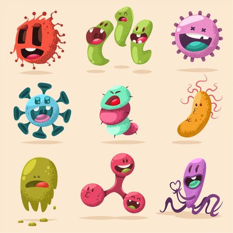 Premium Vector | Cute bacteria, virus, germ cartoon character set. Bacteria Drawing, Bacteria Cartoon, Succulent Illustration, Biology Art, Vector Cartoon, Vector Portrait, Scientific Illustration, Science Art, Cute Characters