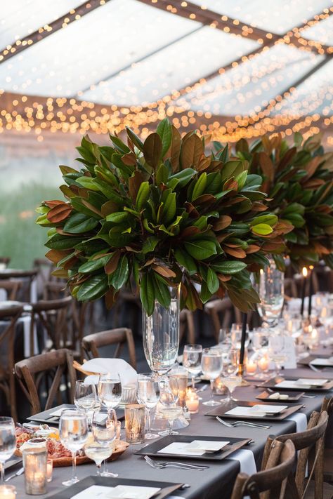 Magnolia Leaves Centerpiece, Wedding Flower Alternatives, Magnolia Branch, Magnolia Wedding, Tall Wedding Centerpieces, Wedding Table Designs, Wedding Floral Centerpieces, Tent Reception, Magnolia Leaves