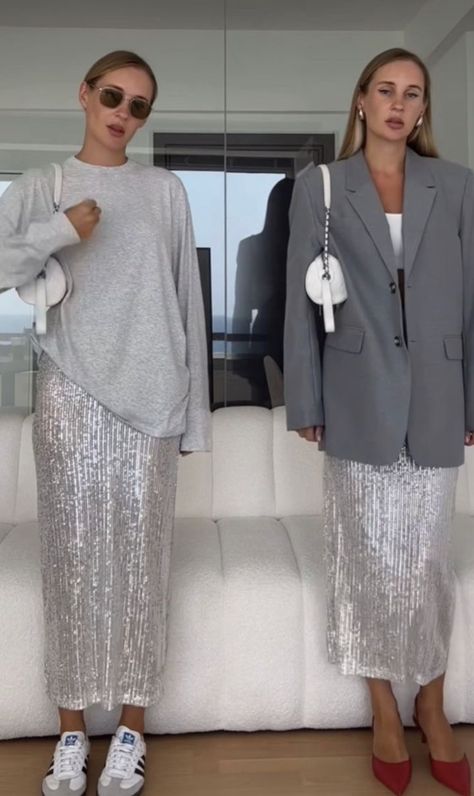 Sequin Winter Outfit, White Sequin Dress Outfit, Sequin Street Style, Sequin Silver Skirt Outfit, Silver Sequin Trousers Outfit, Silver Maxi Skirt Outfit, Silver White Outfit, Silver Metallic Skirt Outfit, Silver Pleated Skirt Outfit