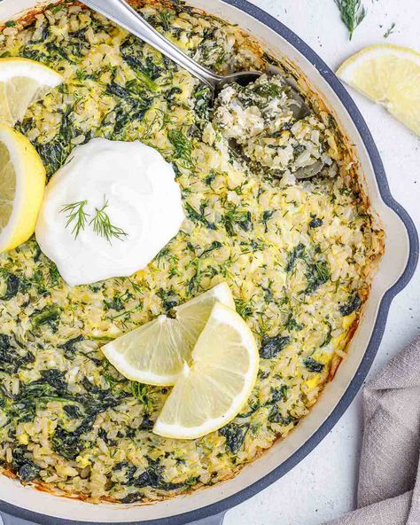 Spinach, Feta, and Rice Casserole Spinach Rice, Clean Food Crush, Rice Casserole, Grass Fed Butter, Minced Meat, Spinach And Feta, Recipe Roundup, Frozen Meals, Fresh Garlic