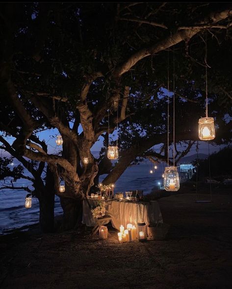 Candle Lit Picnic, Outdoor Tree Lights, Wedding Proposal Ideas Engagement, Beach Picnic Party, Outdoor Tree Lighting, Proposal Pictures, Dream Dates, Backyard Reception, Rustic Modern Wedding