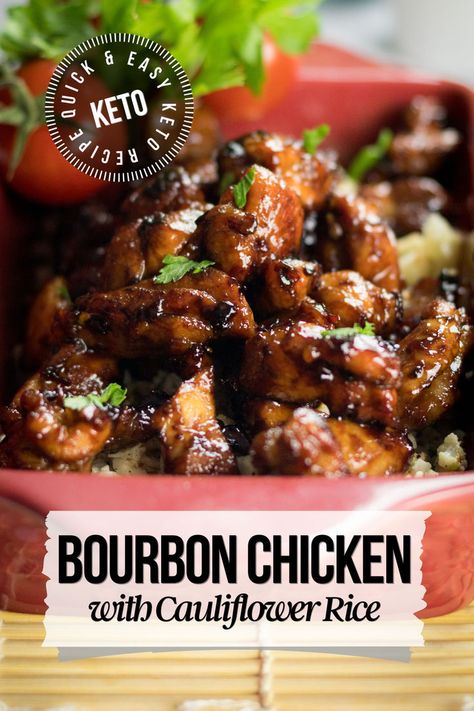 This Keto Bourbon Chicken Recipe with Cauliflower Rice proves that keto dinner can be satisfying! Succulent chicken thighs wrapped in a rich bourbon glaze, paired with light and fluffy cauliflower rice - a top-tier keto chicken recipe! This keto chicken thigh recipe is a delectable option for those craving flavor. The keto cauliflower rice alone is truly worth the look, so make sure to click on the link now and make it tonight! 🍗🥃 Recipe With Cauliflower, Keto Cauliflower Rice, Keto Chicken Thighs, Keto Chicken Thigh Recipes, Chicken Thigh Recipe, Bourbon Chicken Recipe, Bourbon Glaze, Bourbon Chicken, Whole Roasted Chicken