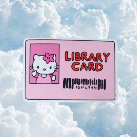 hello kitty on a library card! so cute and perfect for all those lovers of pink and sanrio! the sticker is perfect to put on phones, laptops, notebooks and more! Library Card Sticker, Hello Kitty Reading, Library Card Printable, Cute Library, Library Stickers, Kindle Skin, Pink Stickers, Poetry Day, Brat Doll