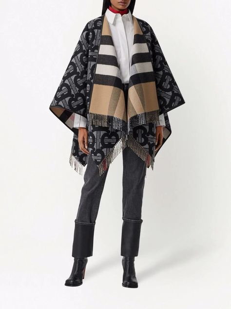 Burberry Monogram Pattern Cape - Farfetch Women's Ponchos & Wraps, Burberry Poncho, Burberry Cape, Fringe Clothing, Designer Outerwear, Thomas Burberry, Cashmere Cape, Autumn Fits, Wool Cape