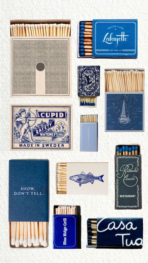 collage of blue matchboxes College Poster, Blue Things, Matchbook Art, Painting Aesthetic, Matchbox Art, Photo Wall Collage, Retro Designs, Journal Design, New Poster