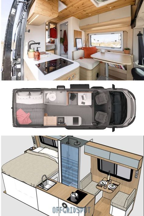 Van Builds With Bathroom, Camper Van Interior Ideas With Bathroom, Self Contained Van Ideas, Boho Sprinter Van, Can Camper Conversion, 4 Berth Sprinter Van Conversion, Sprinter Van Living, Van Plan Layout, Van Conversion Bunk Beds