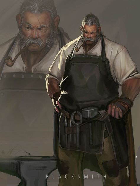 Fantasy Merchant Outfit, Blacksmith Art Character, Dnd Villager Npc, Villager Character Design, Mayor Character Design, Dnd Old Man, Blacksmith Concept Art, Merchant Character Design, Blacksmith Character Design