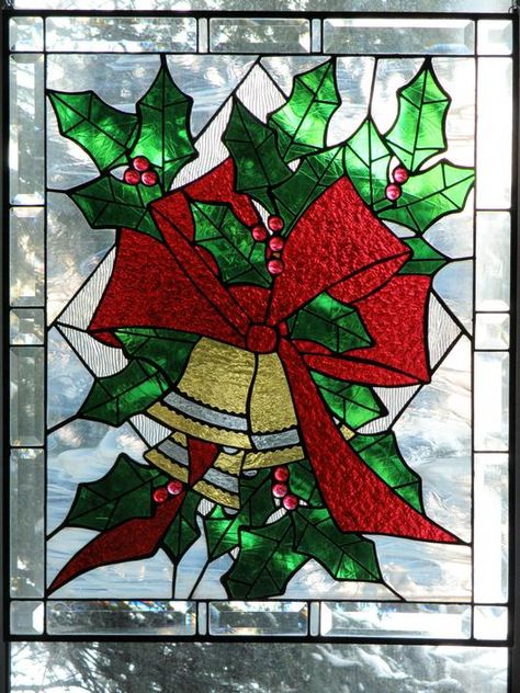 Three Bells Gingerbread Stained Glass Windows, Christmas Stained Glass Pictures, Stained Glass Poinsettia, Stained Glass Holly Wreath, Holly Stained Glass Patterns, Stained Glass Christmas, Art Stained, Stained Glass Diy, Faux Stained Glass