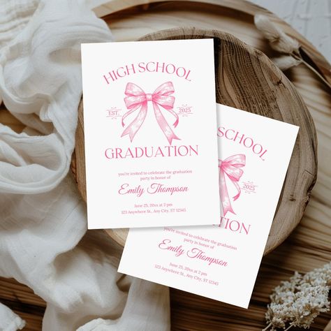 Celebrate your high school grad with style and elegance using our Editable Coquette Bow Pink Graduation Invitation! This editable template is perfect for creating personalized grad announcements for the Class of 2024. Stand out with a charming pink bow design that sets the tone for a memorable graduation party. Make your grad party invite extra special with this coquette graduation theme that exudes sophistication. With this invitation, you can effortlessly customize the details and create a one-of-a-kind announcement to share with friends and family. ** WHAT'S INCLUDED ** * Editable Invitation: 5" x 7" 📂File Format: Canva link for easy editing PURCHASE INSTRUCTIONS: 📩 IMPORTANT: After your purchase is confirmed, you will receive an email from Etsy with a link that will direct you to you Pink And White Graduation Party Ideas, Pink Theme Graduation Party, Bow Graduation Party, Pink Graduation Party Decorations, Coquette Graduation, Pink Graduation Party, Grad Party Invite, Grad Party Theme, Senior Year Things