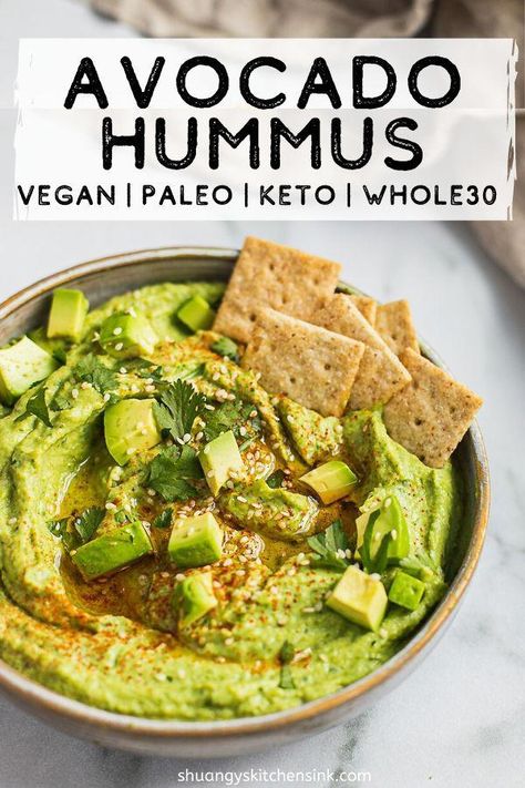 Whole 30 Avocado Hummus | This creamy and delicious avocado hummus recipe is Paleo, vegan and Whole 30 approved, made without chickpeas.  If you’re a big snacker like me, you definitely need to give this healthy snack recipe a try. | Paleo Avocado Hummus Recipe | Shuangy's Kitchensink #shuangyskitchensink #hummus #hummusrecipe #paleorecipe #whole30 #whole30recipe #whole30approved #paleo #glutenfree #vegan #healthysnack #HomeFood Whole 30 Avocado, Paleo Hummus, Avocado Hummus Recipe, Healthy Snack Recipe, Whole30 Vegan, Whole 30 Approved, Avocado Hummus, Paleo Vegan, Recipe 30