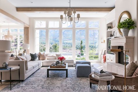 Formal living room with elegant, feminine style. Mountain views through floor to ceiling windows. Modern oatmeal colored sofa. Rachel Parcell Family Room, Alice Lane Family Room, 4 Large Windows In Living Room, Rachel Parcell Living Room, Family Room Reveal, Chippendale Design, Traditional Home Magazine, Traditional Family Room, Alice Lane Home