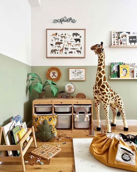 Hayley • Kid of the Village on Instagram: "SAFARI 💛🦒 Who has a Safari play space or bedroom at home? 🙋‍♀️ Create this theme with with my Safari Animals and World Map prints - tap the link in my bio to shop and get 15% off any 3 prints, no discount code needed! Let me know if you have any questions! Hayley x #safaritheme #toddlerlife #kidsinteriors #kidsfurniture #childrensprints #nursery #wallhanging #playroominspo #boysroom #homedecor #freedownload #montessori #kidsdecor #worldmap" Safari Toddler Room, Boys Safari Bedroom, Jungle Bedroom Kids, Jungle Themed Bedroom, Safari Bedroom, Jungle Bedroom, Safari Room, Animal Bedroom, Toddler Boy Room Decor