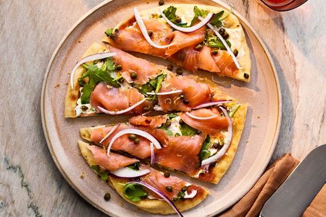 Smoked Salmon Flatbread Smoked Salmon Flatbread, Salmon Flatbread, Flatbread Recipe, Breakfast Bites, Ras El Hanout, Flatbread Recipes, Quick Weeknight Dinners, Roasted Almonds, Real Simple