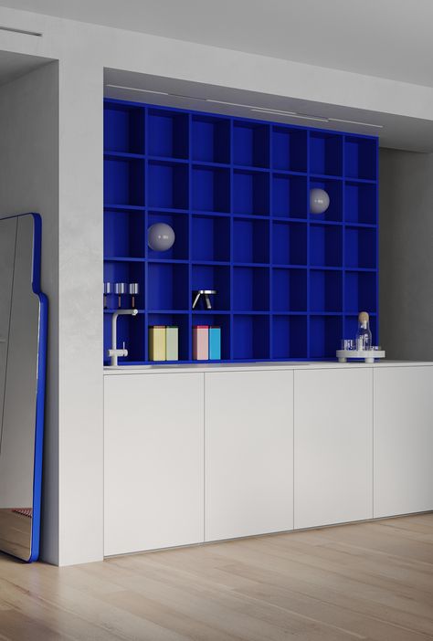 Blue Office Design, Bright Blue Kitchen, Bright Blue Interior, Dark Blue Office, Blue Bookshelves, Blue Interiors, Blue Office, Material Board, Clinic Design