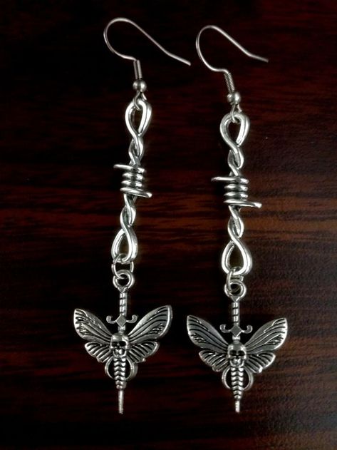 Barbed Wire Earrings, Moth Earrings, Grunge Earrings, Skull Moth, Deaths Head, Dark Earrings, Earrings Gothic, Goth Earrings, Edgy Jewelry