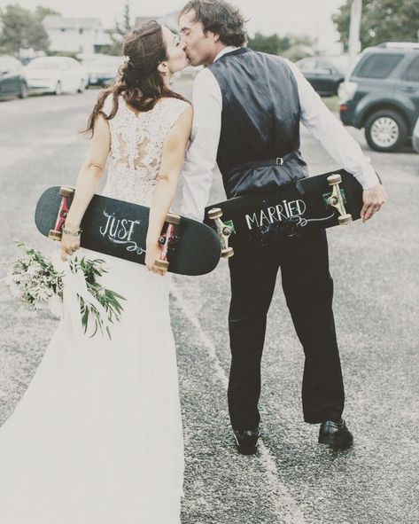 Skateboard Wedding, Skateboard Hanger, Surfer Wedding, Surf Wedding, Skateboard Party, Wedding Getaway Car, Southern Wedding Inspiration, Board Wedding, Savannah Wedding