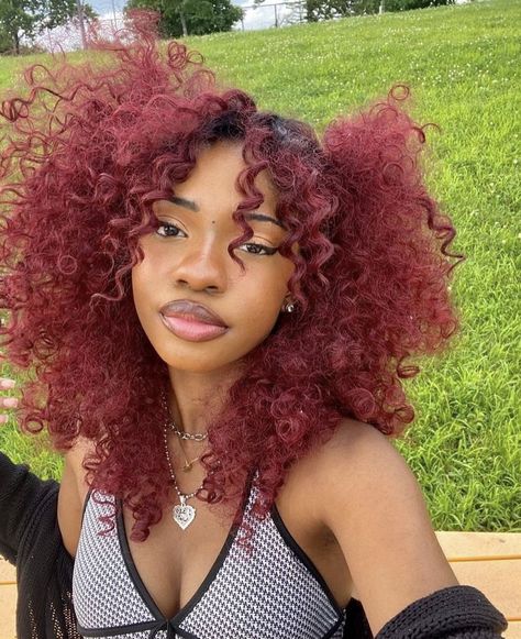 Red Hair Aesthetic Black Women, Ginger And Burgundy Natural Hair, Magenta Curly Hair Black Women, Red Curly Hairstyles For Black Women, Cherry Red Curly Hair Black Women, Cherry Red Hair Curly Short, Burgundy Red Hair Curly, Black Girls With Red Hair Dyed, Curly Dyed Hair Natural Curls Red