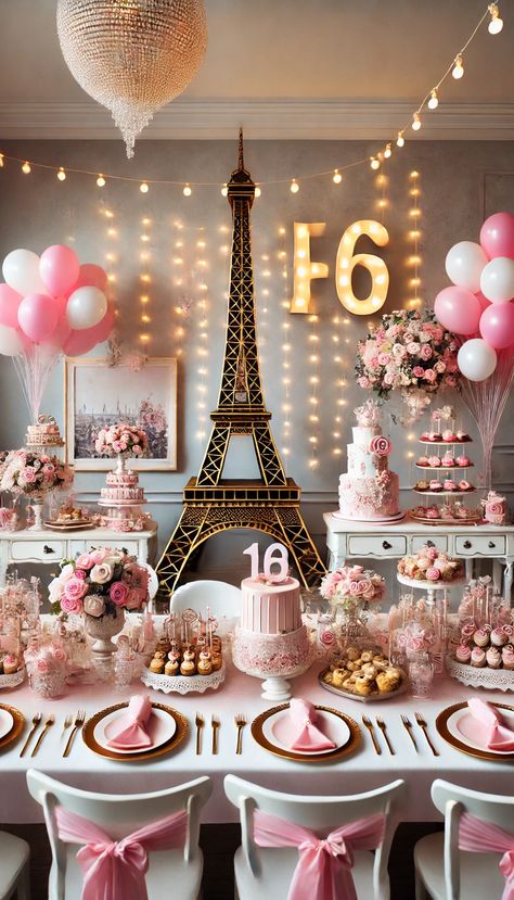 🎉 21 Stunning Sweet 16 Decoration Ideas That Will Wow Your Guests! 🌟 French Theme Table Decor, Paris Birthday Decorations, Paris Sweet 16 Decorations, Sweet 16 Birthday Brunch Ideas, Floral Theme Sweet 16, A Year In Paris Birthday Theme, Paris Theme Quinceanera, Paris Themed Sweet 16, Pink And White Balloons