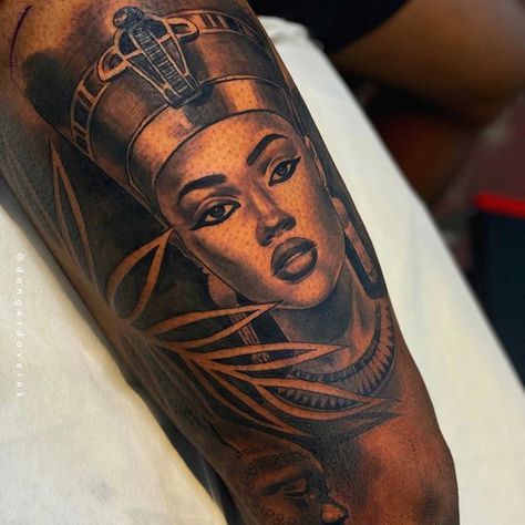 egyptian queen tattoo African Related Tattoos, Black Queen Tattoo Sleeve, Black Cleopatra Tattoo, Black African Queen Tattoo, African Leg Sleeve Tattoo, My Black Is Beautiful Tattoo, Afrocentric Tattoos For Women Sleeve, Female Egyptian Tattoo, Black Woman Face Tattoo