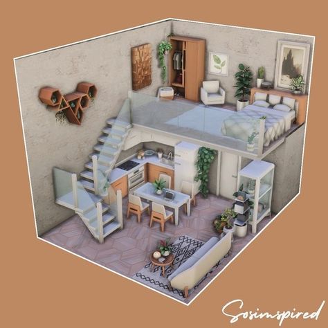 The Sims 4 Building Ideas Interior, Sims 4 Ideas Interior, Sims 4 Houses Loft, Sims4 Home Ideas, Loft Sims 4 House Plans, Cool Sims 4 Builds, Sims 4 House Decor Ideas, Loft The Sims 4, Sims Loft House