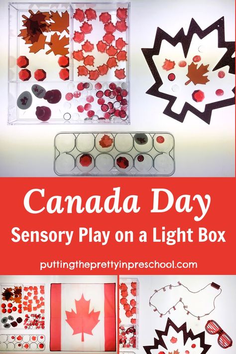 This Canada Day sensory play invitation for a light table or light box is party-ready. Transparent maple leaves and light-u accessories are the highlights! Canada Day Activities, Box Sensory Play, Light Box Activities, Canada Day Party, Summer Preschool Activities, Practical Life Activities, Light Activities, Summer Preschool, Sensory Table