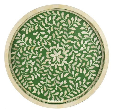 Amazon.com: Beautifully Handcrafted Bone Inlay Round Serving Tray | Decorative Food Platter | Green Colour Home Decor Tray | Wooden Tray | Handcrafted Ottoman Tray - Fairdeal Handicrafts : Handmade Products Bone Inlay Tray, Personalized Tray, Bone Inlay Furniture, Kitchen Tray, Inlay Furniture, Round Serving Tray, Light Salmon, Ottoman Tray, Unique Coffee Table