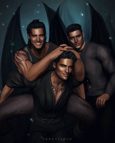 Characters illustrations on Instagram: "Family portrait I think I’ll print this one. This picture gives me warm feelings ☺️ Working on a family portrait with the sisters too! much love xx #batboys #acotar #acotarfanart #rhys #rhysand #feysand #acomaf #bookstagram #bookboyfriend #nightcourt #cassian #Azriel #azrielshadowsinger #acosf" Batboys Acotar, Rhysand Cassian Azriel, The Bat Boys, Cassian Azriel, Acotar Funny, Fantasy Reads, Feyre And Rhysand, Fantasy Romance Books, Bat Boys