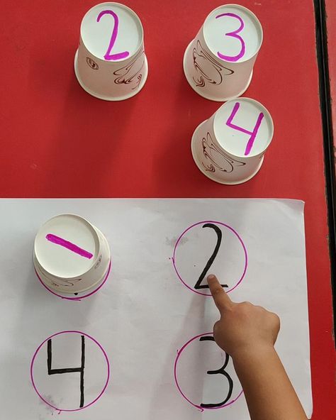 MaTch the Numbers Activity.....💫👏 For toddlers upto 3 years old 🌈. ______________________________________________ In this activity cups are turned upside down, numbers written on them are 1,2,3,4 . There are 4 numbers written on page and children have to place the cups on top of the Sheets by matching the numbers 🔢 . . . Learning objective - Numbers recognition . . . Material needed - Paper cups , marker , white A4 sheet and board ( on which match the Numbers ) is written. . . . #numbersski... Number 4 Activities For Toddlers, Number 1 Activities For Toddlers, Toddler Number Activities, Number Activities For Toddlers, Ece Activities, Math Activities For Toddlers, Number Recognition Activities, Maths Activity, Kindness Week