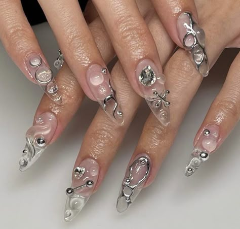 Pierced Nails, Piercing Nails, Gel X Nail, Nail Piercing, Super Cute Nails, Shiny Nails, Almond Acrylic Nails, Nails Only, Soft Nails