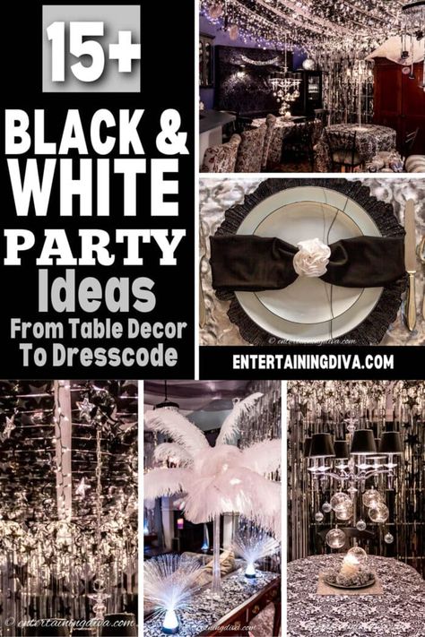 Create a classic look for your next party by using these Black & White party decor ideas. Here's an impressive list with 15+ elegant black & white party ideas. Black And White New Years Eve Party, Black White Silver Birthday Decorations, Black White Party Ideas, Black White And Silver Party Decorations, Black And White Party Ideas, Black And White Themed Party, White Party Ideas, White Party Decor, Black And White Party Decorations