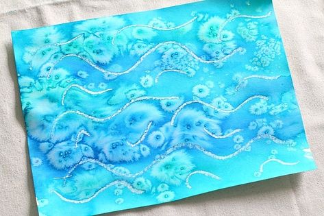 Ocean Art Projects, Salt Art, Ocean Projects, Ocean Waves Art, Salt Painting, Ocean Artwork, Ocean Kids, Watercolor Ocean, Ocean Crafts