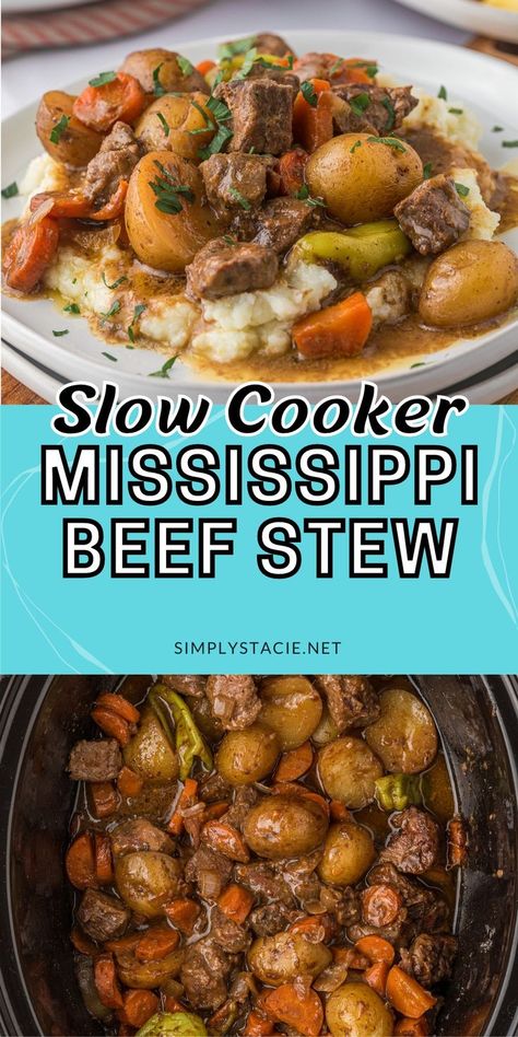 Slow Cooker Mississippi Beef Stew - Make this southern classic recipe in your Crockpot. You'll love the tender beef and veggies in a flavorful, rich gravy with a bit of zip from the pepperoncini peppers. The best comfort food! Southern Style Crockpot Meals, Mississippi Steak Bites Crockpot, Slow Cooker Meat And Veggies, Cockpit Beef Stew, Southern Beef Recipes, Crockpot Recipes With Stew Meat, Fall Stew Recipes Crock Pot, Instapot Beef Stew Recipes, Stew Meat In Crockpot