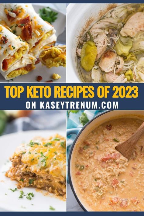 collage image of different keto recipes with text top keto recipes of 2023 Kasey Trenum Keto Recipes, Quick Easy Keto Dinner, Slow Cooker Keto Recipes, Kasey Trenum, Convenient Dinner, Golo Recipes, Low Carb Chicken Casserole, Easy Keto Dinner Recipes, Easy Keto Dinner