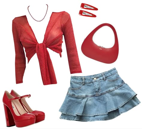 Red Chunky Heels Outfit, Rebelde Inspired Outfits, Red Spring Outfit, She In Outfits, Fitsandbits Outfits, Pink Going Out Outfits, Y2k Red Outfit, Red Y2k Outfit, Polly Pocket Clothes