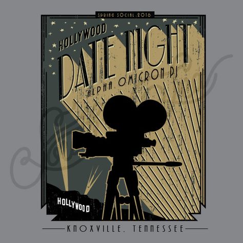 Sorority Social Alpha Omicron Pi Hollywood Movie Camera South By Sea Hollywood Sorority Theme, Old Hollywood Sorority Formal, Country Themed Sorority Banner, Hollywood Theme Poster, Hollywood T Shirt Designs, Cob Sorority Graphic, Sorority Recruitment Graphics Go Greek, Old Hollywood Theme, Sorority Socials