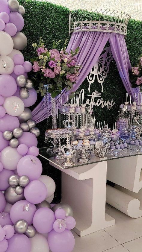 Euphoria Inspired Homecoming Dresses, Quince Table Decorations Lilac, Lavender Themed Sweet 16, Lavender 15 Decorations, Quince Decorations Butterfly, Quince Court Table Purple, Candy Table Ideas For Quinceanera, Sweet 16 Party Ideas Purple, Light Purple Quinceanera Theme