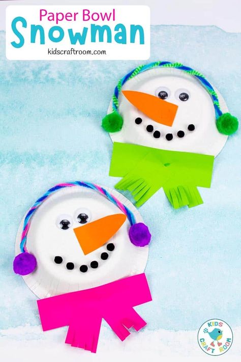 This PAPER BOWL SNOWMAN CRAFT is lots of fun. With brightly coloured earmuffs and scarves to keep them cosy, their happy faces will brighten up even the dreariest of winter days! A lovely Winter craft for toddlers and preschoolers. #kidscraftroom #kidscrafts #snowman #snowmancrafts #paperbowlcrafts #paperplatecrafts #wintercrafts Paper Plate Snowglobe, Bowl Snowman, Winter Crafts For Toddlers, Grandma Ideas, Craft For Toddlers, Fun Winter Crafts, Paper Bowl, Kids Craft Room, Snowman Craft