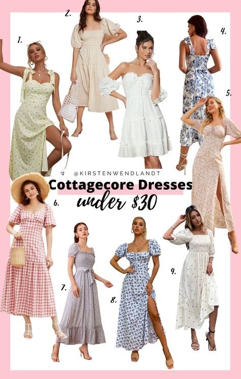 If you're smitten over the cottagecore aesthetic like me you'll definitely love this list list of cheap cottagecore dresses you can buy on a budget! Each of these adorable cottagecore dresses are $30 or under Cheap Cottagecore Clothes, Cottagecore Date Outfit, How To Dress Cottagecore, Cottage Dress Aesthetic, Cottagecore Aesthetic Outfits Winter, Cottage Core Outfits Aesthetic, Bloomcore Aesthetic Outfits, Cottage Style Outfits, Cottagecore Outfits Summer