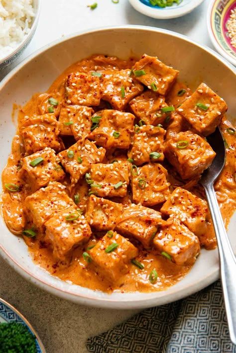 Tofu With Coconut Milk, Thai Red Curry Tofu Recipe, Coconut Milk Tofu Recipes, Tofu And Coconut Milk Recipes, Coconut Milk Tofu, Thai Coconut Curry Tofu, Creamy Tofu Sauce, Harissa Tofu Recipes, Roasted Tofu And Vegetables