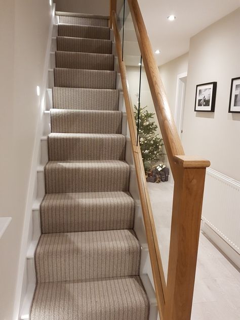 Our stairs. Oak/ glass and carpet runner Short Stairs, Carpet Runner On Glass Stairs, Glass Staircase With Carpet Runner, Oak Staircase With Runner, Oak Staircase With Carpet, Glass Staircase With Runner, Stair Runner With Glass Banister, Oak Stairs With Carpet Runner, Oak And Glass Staircase With Carpet